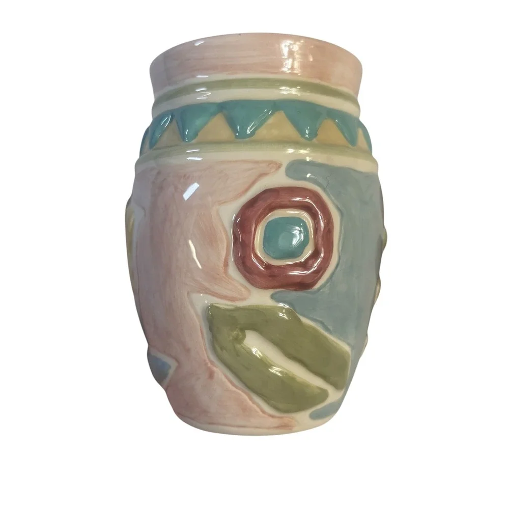 B&D China Abstract Pastel Ceramic Vase Postmodern Embossed Geometric 5 Inch